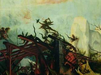 Engel som angriper djevlene, detaljer om fristelsen til St. Anthony fra Isenheim-altertavlen, ca. 1512-16